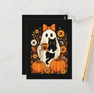 Carte Postale Fantôme groovy d'Halloween tenant un chat noir flo
