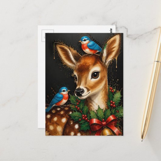 Carte Postale Faon de Noël Rétro Adorable (Devant/Arrière en situation)