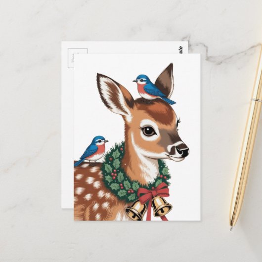 Carte Postale Faon de Noël Rétro Adorable (Devant/Arrière en situation)