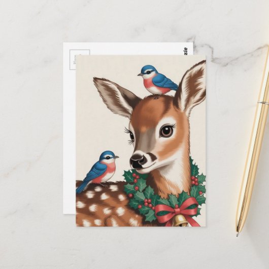 Carte Postale Faon de Noël vintage (Devant/Arrière en situation)