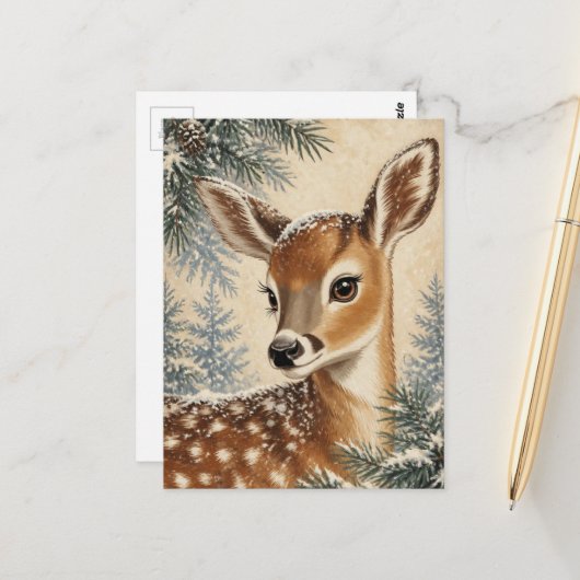 Carte Postale Faon hivernal adorable (Devant/Arrière en situation)