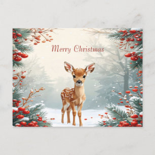 Carte Postale Faon mignon dans une forêt enneigée