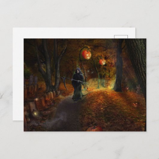 Carte Postale Faucheuse et citrouilles (Devant / Derrière)