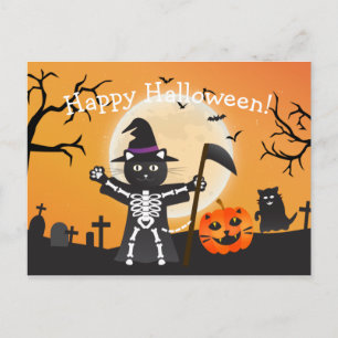 Carte Postale Faucheuse Halloween Cat Grim