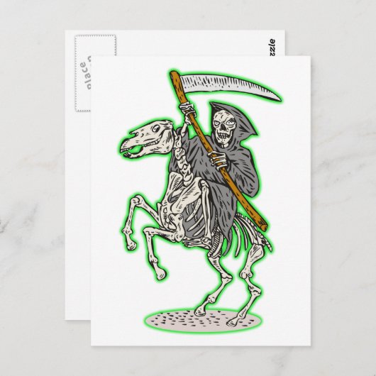 Carte Postale faucheuse sur cheval avec scythe (Devant / Derrière)