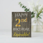 Carte Postale Faux Bois, Faux Or 2e Anniversaire + Nom Personnal (Debout devant)