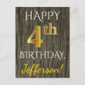 Carte Postale Faux Bois, Faux Or 4e Anniversaire + Nom personnal (Devant)