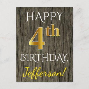 Carte Postale Faux Bois, Faux Or 4e Anniversaire + Nom personnal