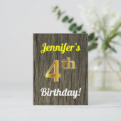 Carte Postale Faux Bois, Faux Or 4e Anniversaire & Nom Personnal (Debout devant)