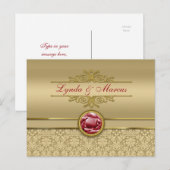 Carte Postale Faux Dark Ruby Red Gemstone Metallic Gold Damask (Devant / Derrière)