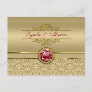 Carte Postale Faux Dark Ruby Red Gemstone Metallic Gold Damask