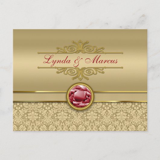 Carte Postale Faux Dark Ruby Red Gemstone Metallic Gold Damask (Devant)