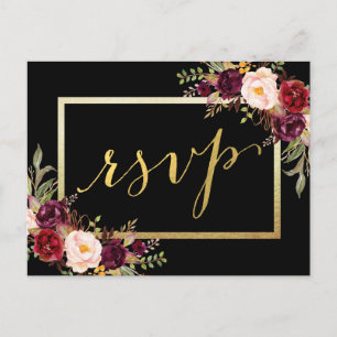 Carte Postale Faux Gold Foil Bourgogne Floral Black Wedding RSVP