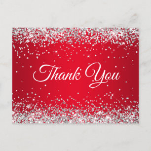 Carte Postale Faux Pailleté Argenté Paillettes Rouge Clair Merci