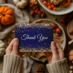 Carte Postale Faux Pailleté Or Paillettes Bleu Marine Merci