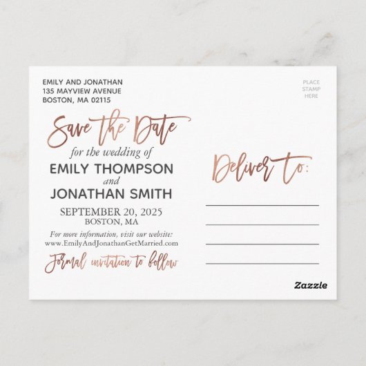 Carte Postale Faux Rose Gold Foil Photo Enregistrer La Date Post (Dos)