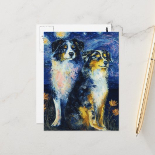 Carte Postale Faux Van Gogh Two Austrailian Shepherds (Devant/Arrière en situation)