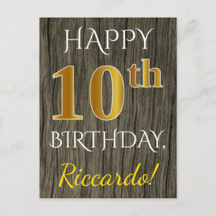 Carte Postale Faux Wood, Faux Gold 10e anniversaire + Nom person
