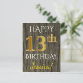 Carte Postale Faux Wood, Faux Gold 13e anniversaire + Nom person (Debout devant)