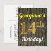 Carte Postale Faux Wood, Faux Gold 14th Birthday & Custom Name (Devant / Derrière)