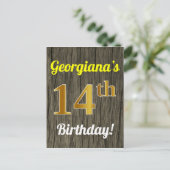 Carte Postale Faux Wood, Faux Gold 14th Birthday & Custom Name (Debout devant)