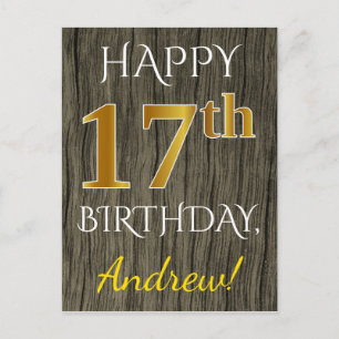Carte Postale Faux Wood, Faux Gold 17e anniversaire + Nom person