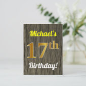 Carte Postale Faux Wood, Faux Gold 17th Birthday & Custom Name (Debout devant)