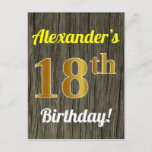 Carte Postale Faux Wood, Faux Gold 18th Birthday & Custom Name<br><div class="desc">Cette carte postale simple, customisée et sur le thème de l’anniversaire comporte un message personnalisable comme "18e anniversaire d’Alexandre!" sur le devant, où le nom peut être changé, et avec le "18e" ayant une apparence fausse or. L'avant est également orné d'un arrière - plan d'apparence de bois. Le verso comporte...</div>