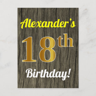 Carte Postale Faux Wood, Faux Gold 18th Birthday & Custom Name