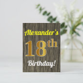 Carte Postale Faux Wood, Faux Gold 18th Birthday & Custom Name (Debout devant)
