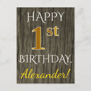 Carte Postale Faux Wood, Faux Gold 1er Anniversaire + Nom person
