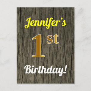 Carte Postale Faux Wood, Faux Gold 1st Birthday & Custom Name