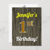Carte Postale Faux Wood, Faux Gold 1st Birthday & Custom Name (Devant / Derrière)