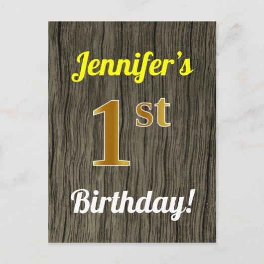 Carte Postale Faux Wood, Faux Gold 1st Birthday & Custom Name (Devant)