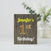 Carte Postale Faux Wood, Faux Gold 1st Birthday & Custom Name (Debout devant)