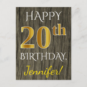 Carte Postale Faux Wood, Faux Gold 20e anniversaire + Nom person