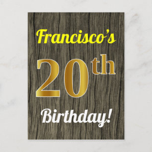 Carte Postale Faux Wood, Faux Gold 20th Birthday & Custom Name
