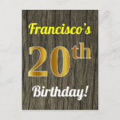 Carte Postale Faux Wood, Faux Gold 20th Birthday & Custom Name (Devant)
