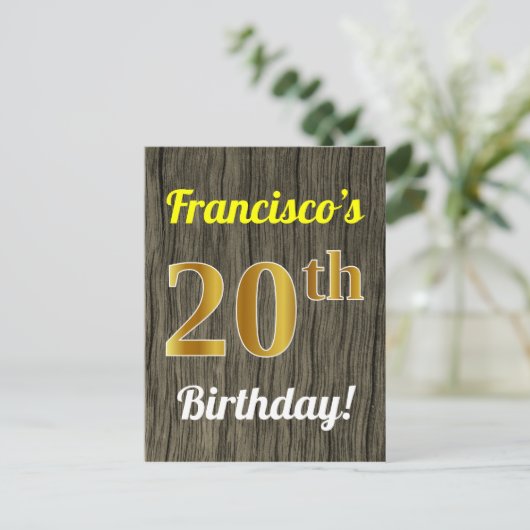 Carte Postale Faux Wood, Faux Gold 20th Birthday & Custom Name (Debout devant)