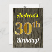 Carte Postale Faux Wood, Faux Gold 30th Birthday & Custom Name (Devant / Derrière)