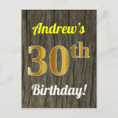Carte Postale Faux Wood, Faux Gold 30th Birthday & Custom Name (Devant)