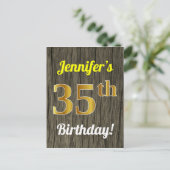 Carte Postale Faux Wood, Faux Gold 35th Birthday & Custom Name (Debout devant)