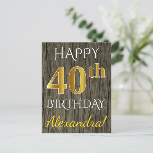 Carte Postale Faux Wood, Faux Gold 40e anniversaire + Nom person (Debout devant)