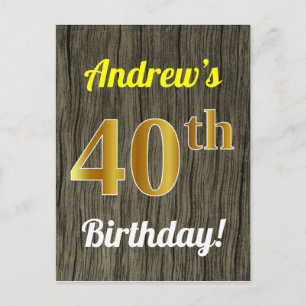 Carte Postale Faux Wood, Faux Gold 40th Birthday & Custom Name