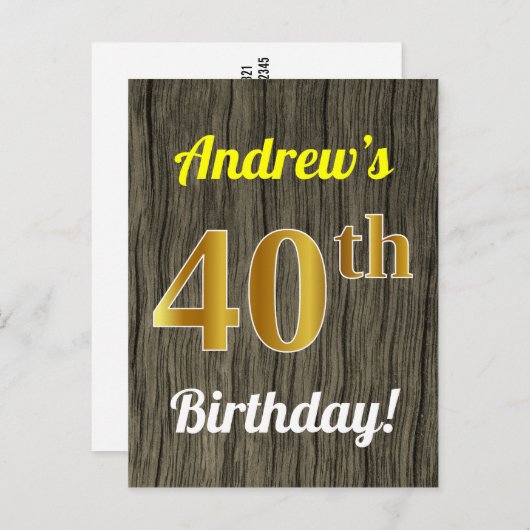 Carte Postale Faux Wood, Faux Gold 40th Birthday & Custom Name (Devant / Derrière)