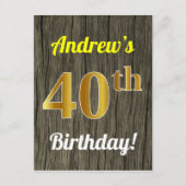 Carte Postale Faux Wood, Faux Gold 40th Birthday & Custom Name (Devant)
