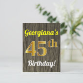 Carte Postale Faux Wood, Faux Gold 45th Birthday & Custom Name (Debout devant)