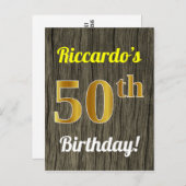 Carte Postale Faux Wood, Faux Gold 50th Birthday & Custom Name (Devant / Derrière)