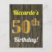 Carte Postale Faux Wood, Faux Gold 50th Birthday & Custom Name (Devant)