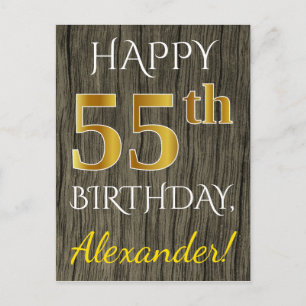 Carte Postale Faux Wood, Faux Gold 55e anniversaire + Nom person